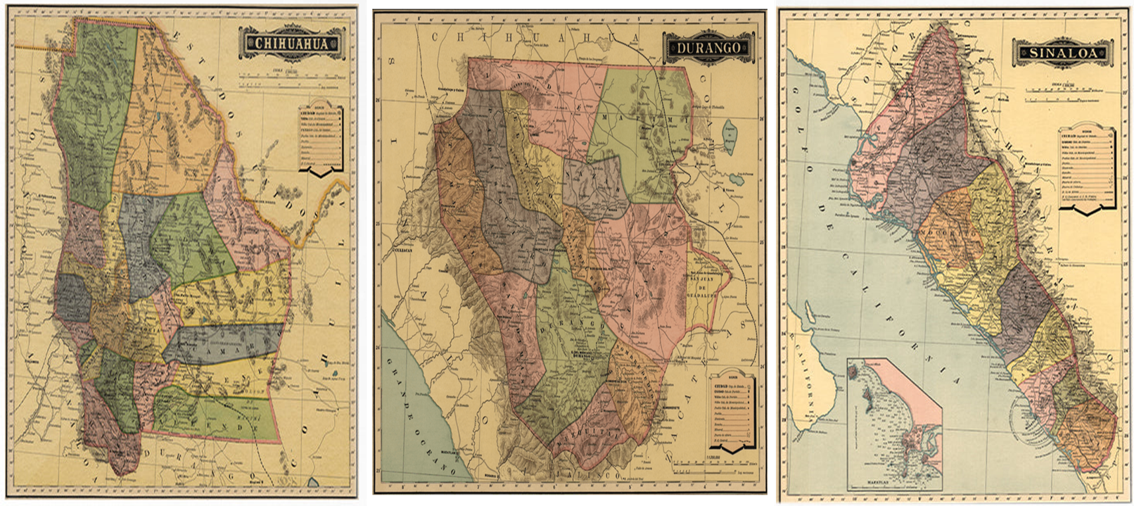 2 pese.png Pese a las dimensiones de los estados del norte de México, las tierras para el cultivo estaban concentradas en pocos propietarios. Cartografías recuperadas de: Mapoteca Orozco y Berra.
