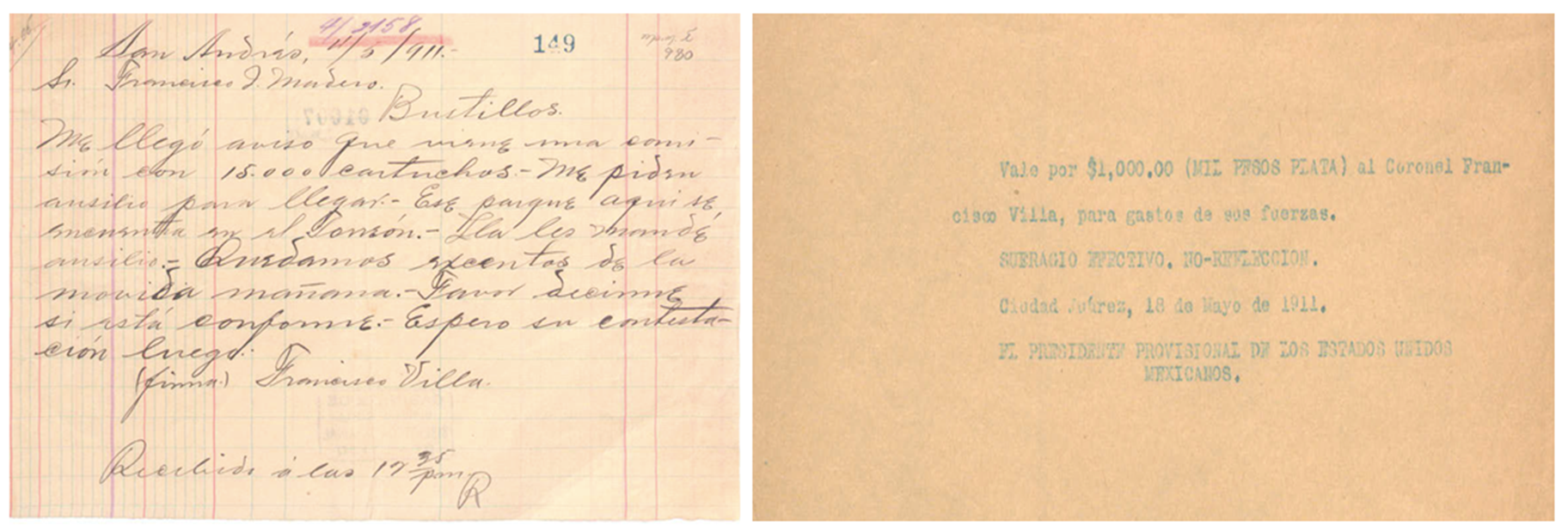 7 villa escribio.png Villa escribió numerosas cartas y telegramas a Francisco I. Madero para resolver asuntos como la compra de armas y el pago de sus tropas.