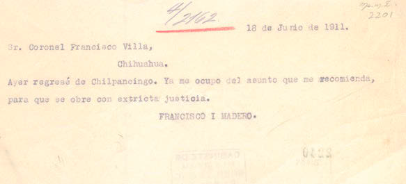 8 Madero mantuvo estrecho intercambio.png Madero mantuvo estrecho intercambio escrito con Villa, pues le interesaba comunicarle la importancia de aplicar y hacer valer la Ley. Imágenes recuperadas de Biblioteca Nacional Digital de México, IIB-UNAM.