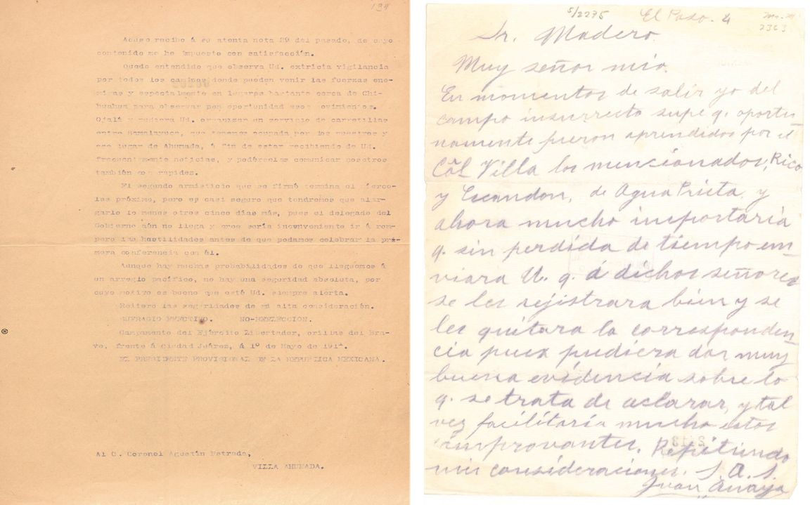9 cartas.png Mediante el uso del correo y la telegrafía, Francisco I. Madero pudo dar instrucciones a Villa para regresar al orden constitucional, político, militar y civil en los territorios por los que la Revolución avanzaba. Imágenes recuperadas de Biblioteca Nacional Digital de México.