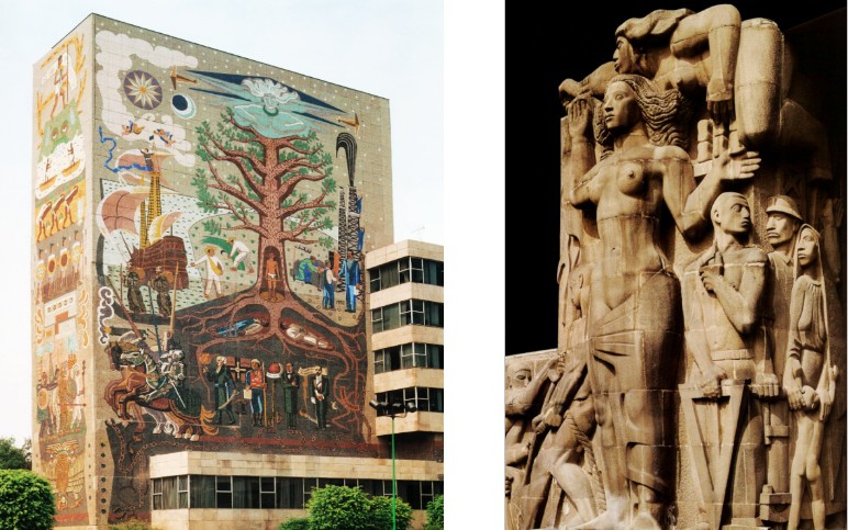 Mural Conquista y Libertad.jpg Mural “Conquista y Libertad” de José Chávez Morado, y el conjunto escultórico de Francisco Zúñiga: pintura y escultura que sumadas a la arquitectura del Centro SCOP, dan por resultado una integración plástica relevante. SCT.