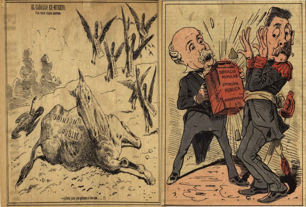 El derecho al pataleo mostrado en las manifestaciones de estudiantes.jpg El “derecho al pataleo” mostrado en las manifestaciones de estudiantes y obreros en mayo de 1892, trató de ser deslegitimado por los diarios afines a Díaz. Por ello, la prensa de combate los representó como buitres dispuestos a “comerse los ojos de la postrada opinión pública”. Caricaturas recuperadas de: El Hijo del Ahuizote, mayo 29 de 1892.
