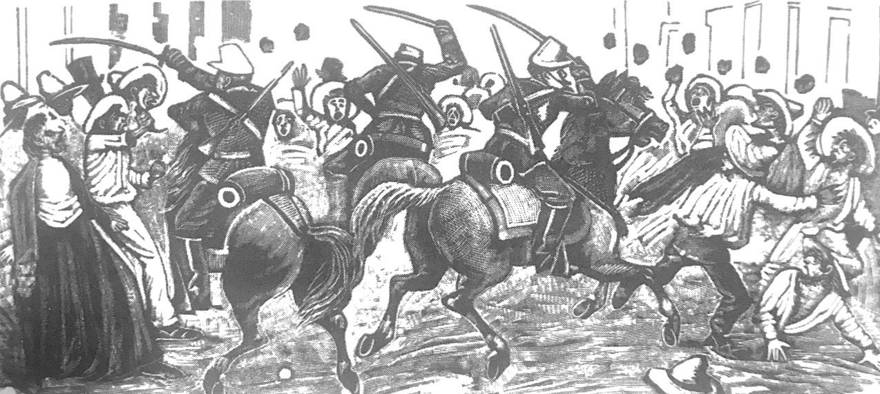 La falta de democracia y de libertades políticas en México, engendró malestar en los cuadros intelectuales, artísticos y periodísticos durante el ocaso del siglo XIX. El régimen trató de asfixiar las críticas de quienes, como José Guadalupe Posada, grabaron en tinta y papel, las manifestaciones antirreeleccionistas de 1892. Fotografía recuperada del libro: El regreso del camarada Ricardo Flores Magón.