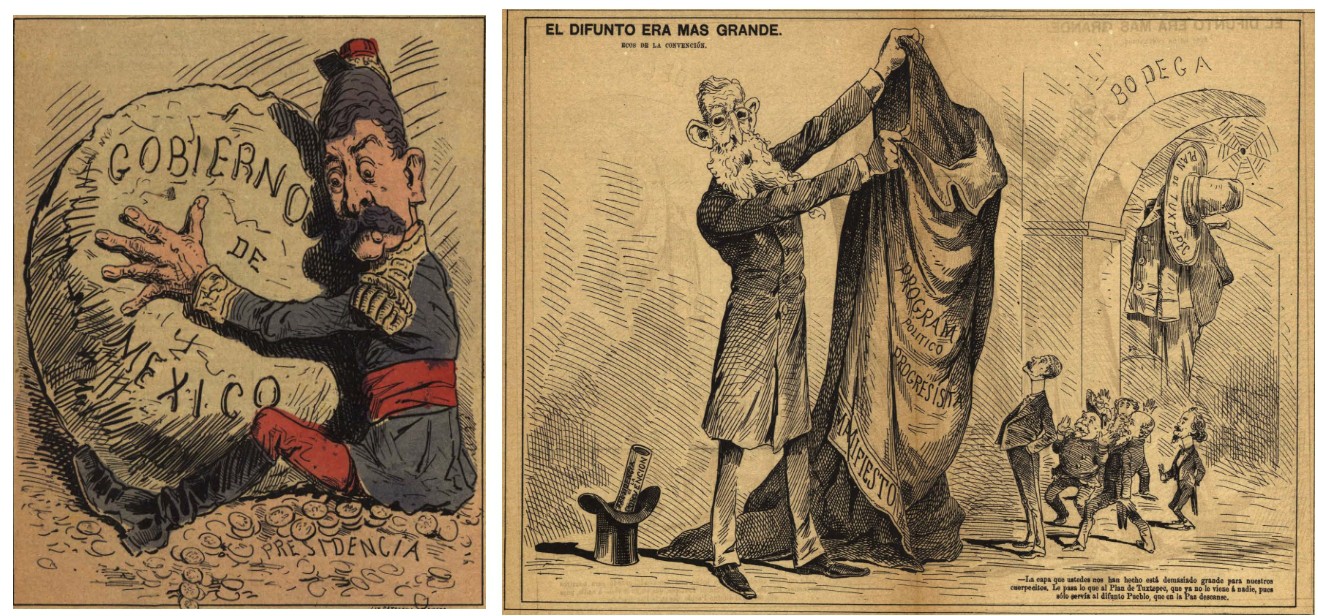 La postulación de Díaz a un tercer periodo presidencial agudizó las críticas de la prensa oposicionista.jpg La postulación de Díaz a un tercer periodo presidencial agudizó las críticas de la prensa oposicionista, que lo señaló por querer imponerse como “El Hombre Necesario”. Además, denunciaron a Los Científicos como los instigadores de la perpetuación de una dictadura que dejó “difunto al pueblo”. Caricaturas recuperadas de: El Hijo del Ahuizote, 8 mayo de 1892.
