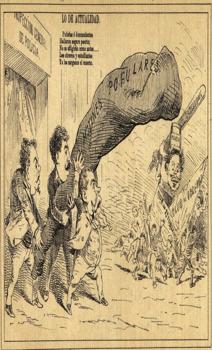 Los antirreeleccionistas detenidos en los motines populares.jpg Los antirreeleccionistas detenidos en los ‘motines populares’ de mayo de 1892 fueron acusados de ‘ladrones, borrachos, leperitos y estudiantitos’, cuyo merecido castigo fue la cárcel, la expulsión de sus escuelas y la persecución para quienes insistieran en sus protestas. Caricatura recuperada de: El Hijo del Ahuizote, junio 19 de 1892.