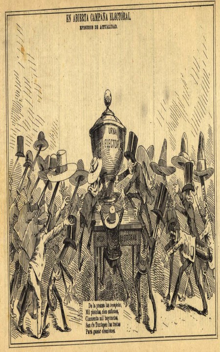Tras casi un mes de las protestas de mayo de 1892.jpg Tras casi un mes de las protestas de mayo de 1892, los estudiantes y obreros aún encarcelados, fueron considerados presos políticos que serían procesados en juzgados correccionales para liberarlos después de consumar las elecciones secundarias de julio de ese año. Caricatura recuperada de: El Hijo del Ahuizote, junio 26 de 1892.