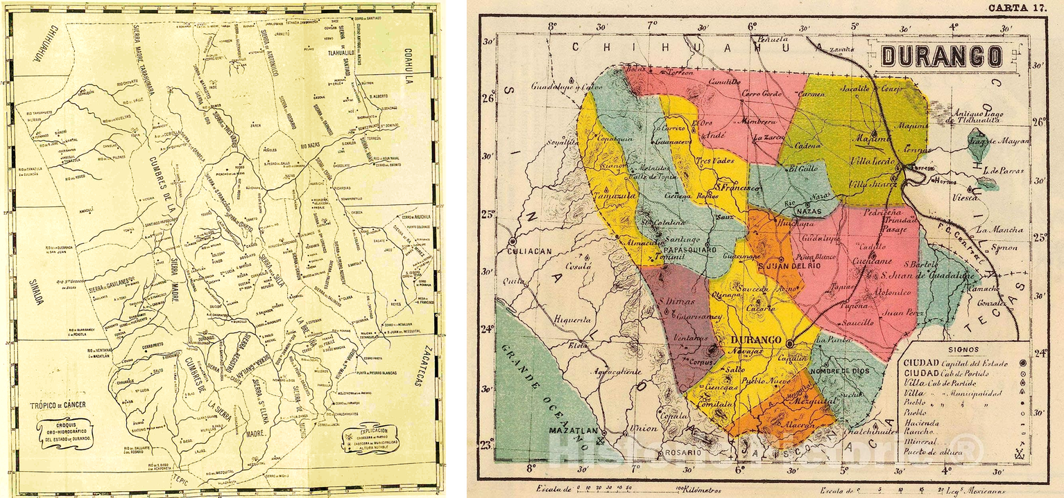 7 debido a su geografia.png Debido a su geografía, Durango tuvo poca obra caminera. Al iniciar el siglo XX, la SCOP trabajó para dotarlo de esta infraestructura. Foto recuperada del libro: Durango Gráfico y Cartografía de Durango, 1899.