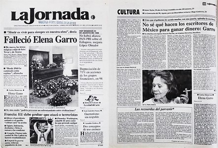 periodico.jpg A tempranas horas de una madrugada lluviosa, Elena Garro dejó este mundo a los 82 años de edad, convencida de que ella solo “era memoria y la memoria que de mí se tenga”. Foto recuperada de: AGN.
