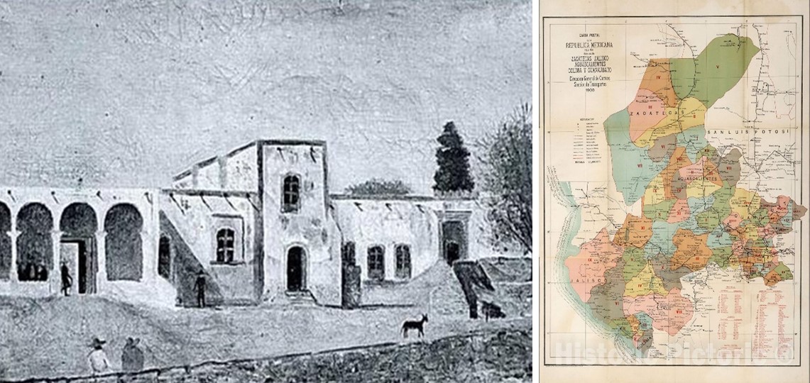 1 Durante el Porfiriato las haciendas constituyeron .jpg Durante el Porfiriato, las haciendas constituyeron el modelo básico de producción. En Zacatecas, muchas de ellas se vincularon con las de Aguascalientes generando progreso en la región. Imágenes recuperadas de: Gobierno de Zacatecas y Dirección General de Correos-SCOP, 1900.