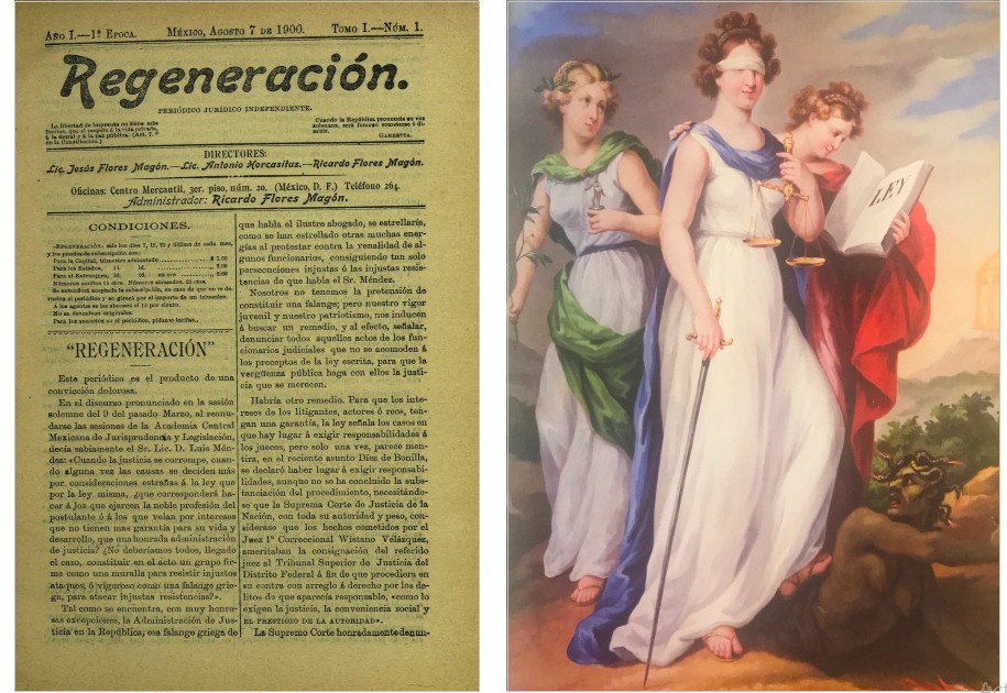 El estado de postración del poder Judicial durante.jpg El estado de postración del poder Judicial durante el porfiriato fue un tema central en el periodismo de los hermanos Flores Magón, pues consideraban que la regeneración de la patria sólo podría lograrse con el respeto y la aplicación de la ley. Fotos recuperadas: Periódico Regeneración y libro México 200 años.