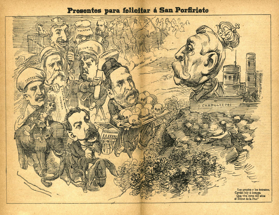 Satirizados por El Hijo del Ahuizote.jpg Satirizados por El Hijo del Ahuizote como una corte sumisa a los dictados de un monarca todopoderoso, el gabinete porfirista escenificó cada 15 de septiembre, -onomástico de Porfirio Díaz- rituales que el semanario aprovechó para representar el servilismo de los funcionarios públicos que tenían o querían “un hueso para roer”. Foto recuperada: El Hijo del Ahuizote.