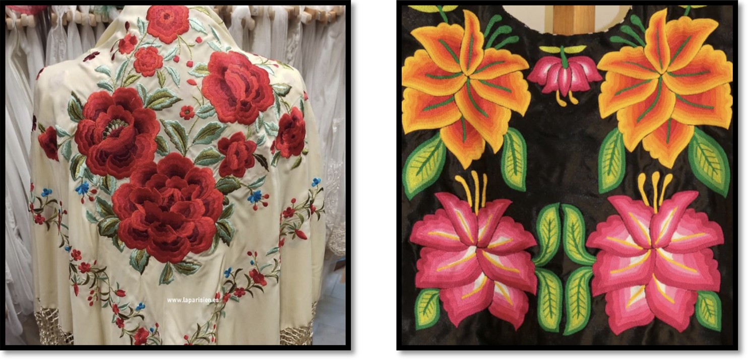 Similitudes en el tamaño de las flores entre el mantón de Manila y el huipil tehuano, adecuación promovida por Catalina Romero.