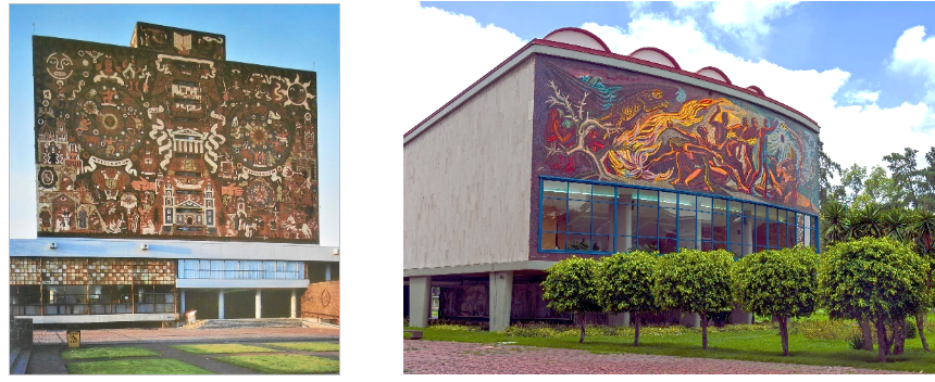 Murales de la Biblioteca y del Auditorio Alfonso Caso de Ciudad Universitaria realizados por Juan O’Gorman y José Chávez Morado respectivamente.  Patrimonio Artístico de la Secretaría de Comunicaciones y Transportes. SCT. / Daniel Case-Wikipedia.