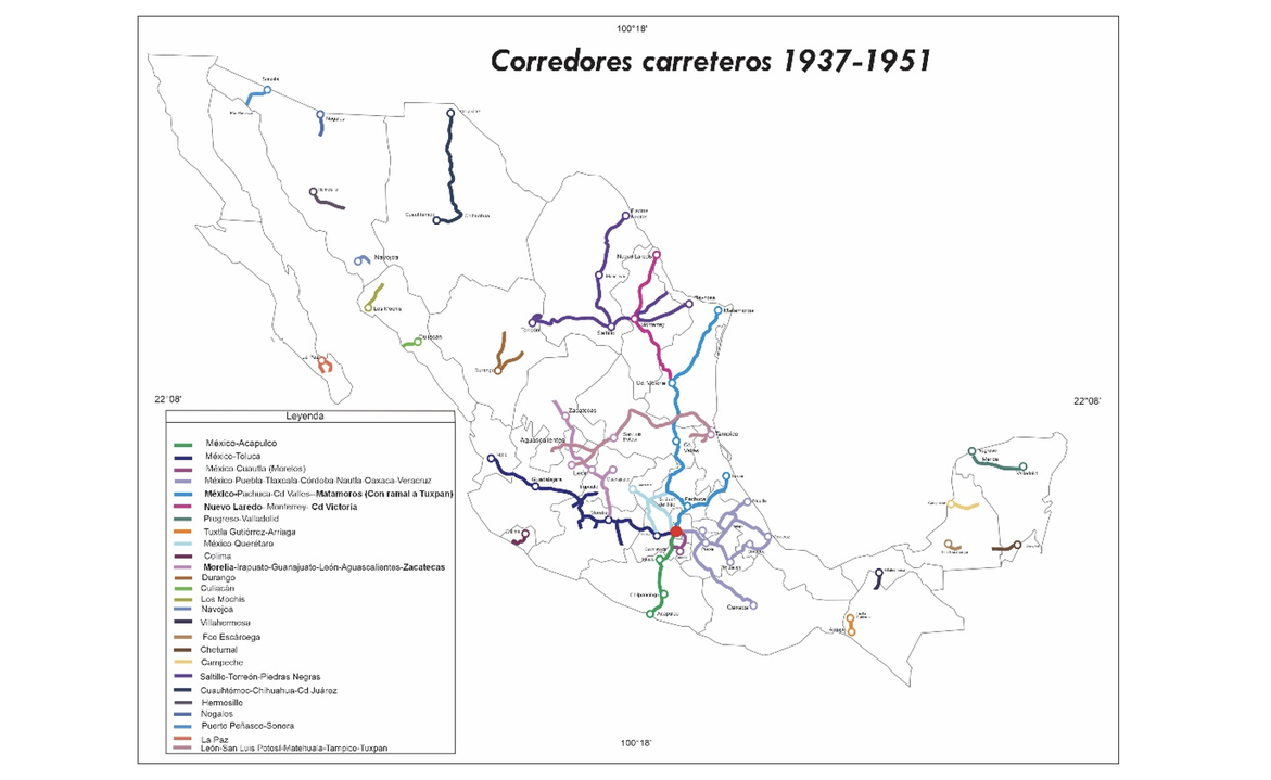 UNA HISTORIA 04.png Mapa de los corredores carreteros entre 1937-1951. Elaborado por: Fernanda Martínez Muñoz