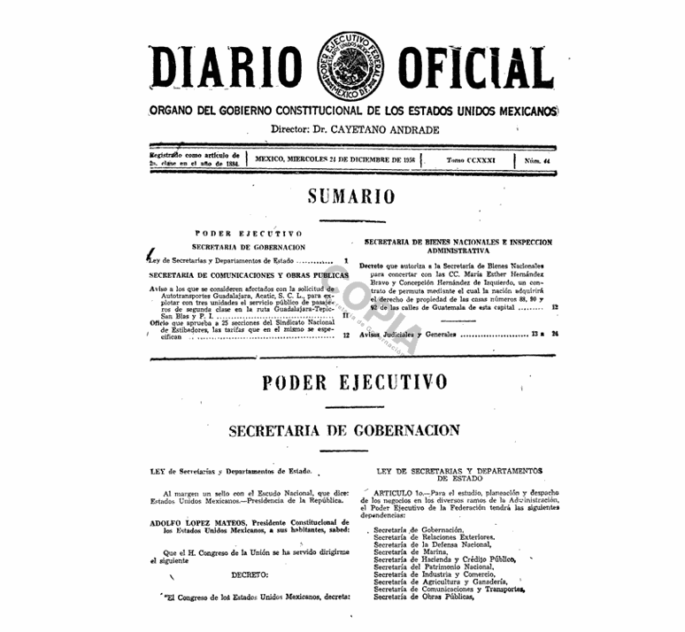 UNA HISTORIA 05.png Diario Oficial de la Federación, Ley de Secretarías y Departamentos de Estado, 24 de diciembre 1958, donde se aprueba la creación de la SCT y la SOP. Consultado en: https://www.dof.gob.mx/nota_to_imagen_fs.php?codnota=4571280&fecha=24/12/1958&cod_diario=195741