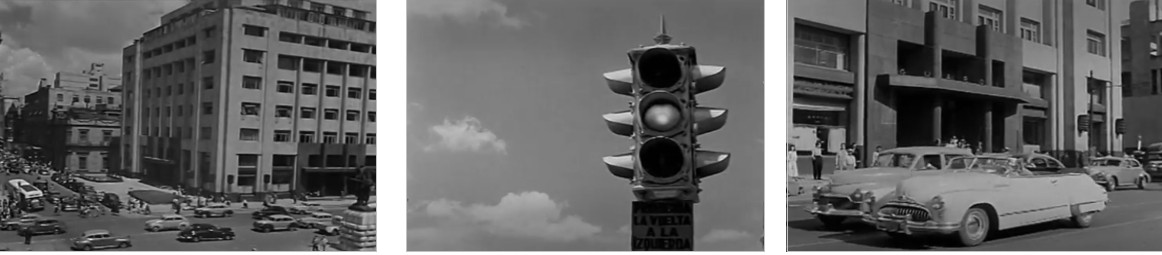 El aspecto de la ciudad de México en los años finales de los 40.jpg El aspecto de la ciudad de México en los años finales de los ‘40, que prometía convertirla en la “capital del futuro”, contrastaba con los servicios de transporte urbano, pues los usuarios expresaban quejas por los retrasos, la velocidad, fallas en los frenos, peleas entre conductores y, sobre todo, por choques y atropellamientos en los cruceros. Fotogramas de la película: ¡Esquina, bajan…!