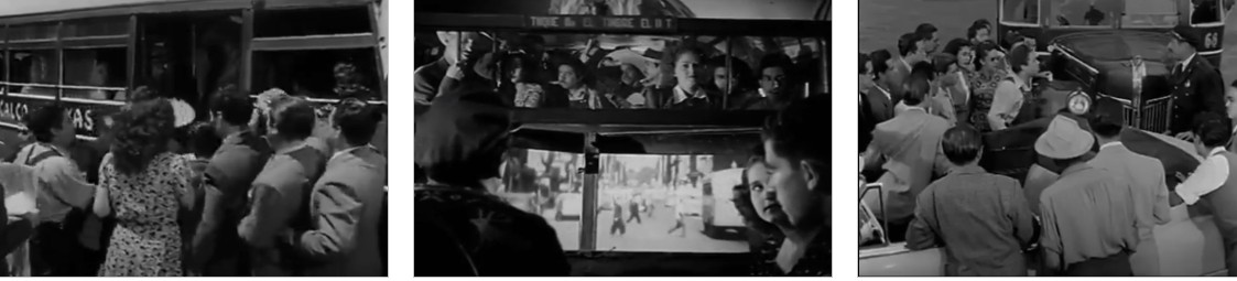 La falta de cortesía, de rutas de respeto a las paradas y de espacio al interior.jpg La falta de cortesía, de rutas, de respeto a las paradas y de espacio al interior de las unidades de transporte provocó numerosos incidentes que terminaban en riñas y con la intervención de la policiía de tránsito. Por ello, las autoridades locales y federales participaron en la oferta del servicio, e incluso, ampliaron sus facultades para cancelar concesiones. Fotogramas de la película: ¡Esquina, bajan…!