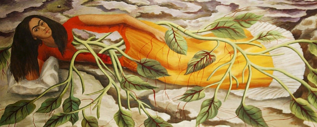 En Raíces, Frida expresó su integración con la naturaleza, donde su torso se abre como una ventana de la que brotan tallos, hojas y nervaduras plenas de savia vital. Imagen recuperada de: El Tiempo y su Memoria.