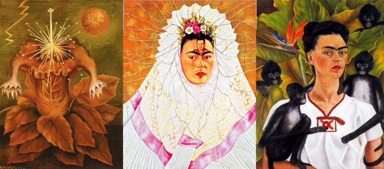 Los cuadros Flor de la vida, Diego en mi pensamiento y Autorretrato con monos consolidaron a Frida Kahlo como una de las pintoras mexicanas más importantes del siglo XX. Imágenes recuperadas de: El Tiempo y su Memoria.