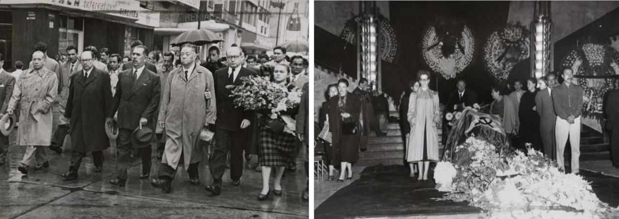 91 Cubierta por la bandera del Partido Comunista.jpg Cubierta por la bandera del Partido Comunista, Frida Kahlo fue despedida con honores en el vestíbulo del Palacio de Bellas Artes, en la Ciudad de México, los días 13 y 14 de julio de 1954. Imágenes recuperadas de: Verne, El País.