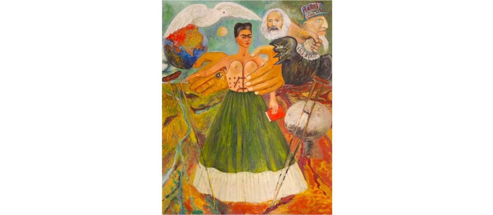 el marxismo dara salud a los enfermos.jpg En su obra El marxismo dará salud a los enfermos, Frida Kahlo confió en que sus concepciones ideológicas podrían liberarla del dolor y hacerla caminar sin muletas. Imagen recuperada de: Museo Frida Kahlo.
