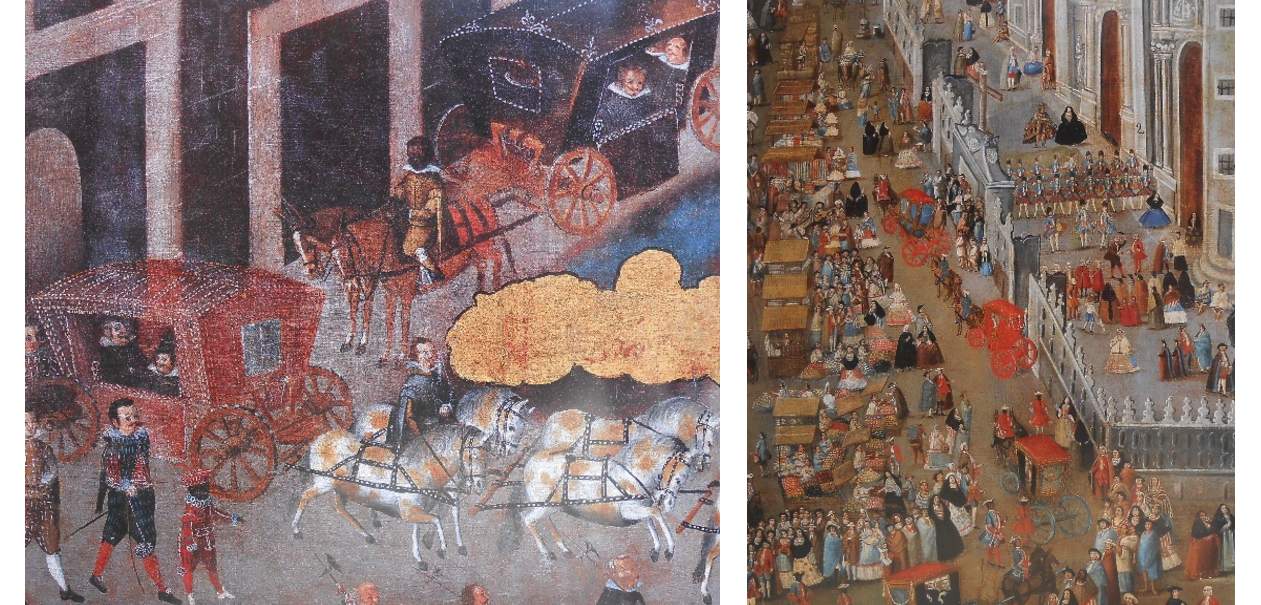 Carruajes y carrozas de los personajes adinerados.png Carruajes y carrozas de los personajes adinerados e importantes del virreinato transitaban por las calles de la ciudad y frente a Catedral. Detalle del biombo: Vista de la Plaza Mayor de la Ciudad de México (siglo XVII), y detalle de la Plaza Mayor de la ciudad de México (siglo XVIII). Libro: México Luz Urbana, El Águila Compañía de Seguros.