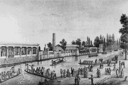 Embarcadero de La Viga donde salían las canoas o trajineras.png Embarcadero de La Viga donde salían las canoas o trajineras para los pueblos de Santa Anita e Iztacalco. Libro: México pintoresco. Tomo II. Manuel Rivera Cambas.