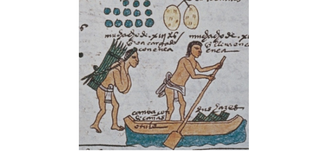 tamemes.png Tamemes y canoas, únicos medios de transporte en la gran Tenochtitlan. Códice Mendocino.